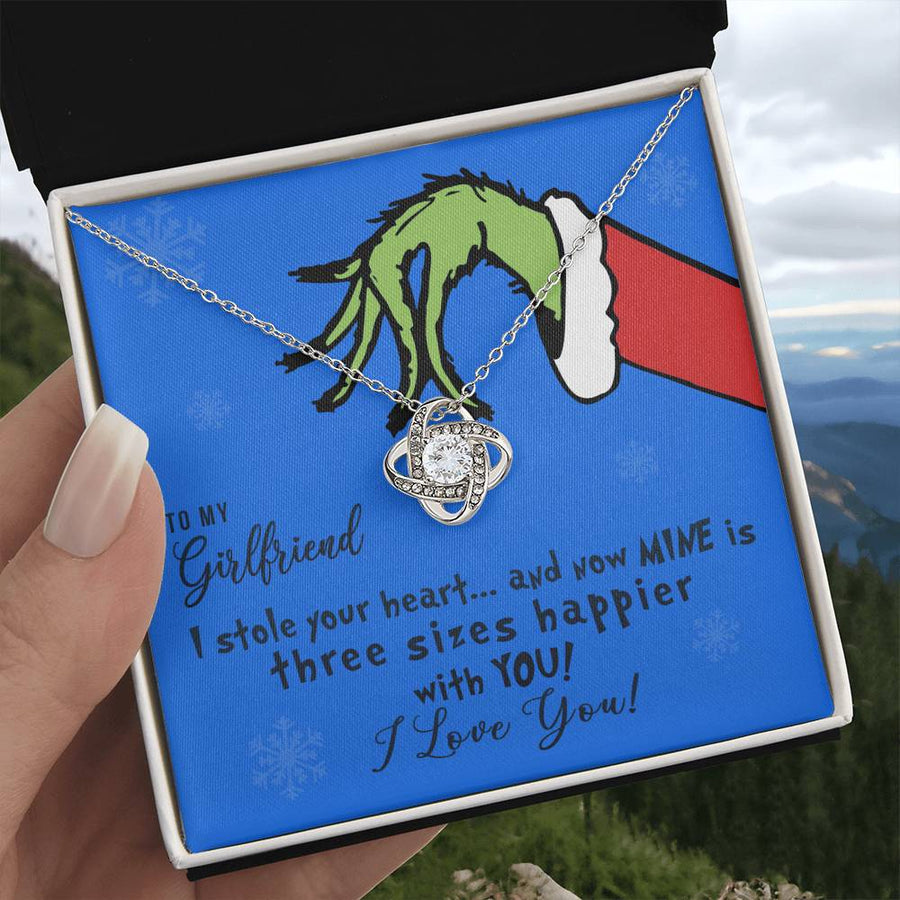 To My Girlfriend I Stole Your Heart Mine Three Sizes Happier 14K Gold Love Knot Necklace Jewelry Romantic Gift for Girlfriend Christmas