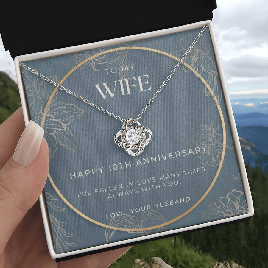 To My Wife Happy 10th Anniversary Fallen Love Many Times 14K Gold Love Knot Necklace Jewelry Romantic Gift for Wife Anniversary