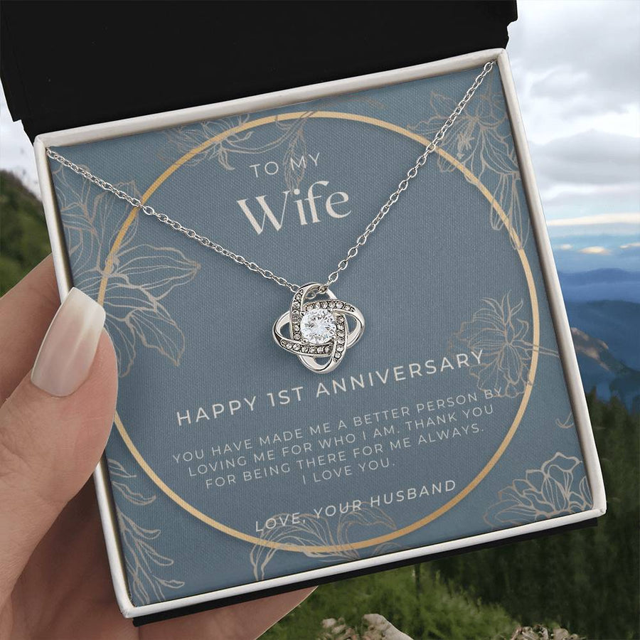 To My Wife 1st Anniversary Made Me Better Person Loving Me 14K Gold Love Knot Necklace Jewelry Romantic Gift for Wife Anniversary