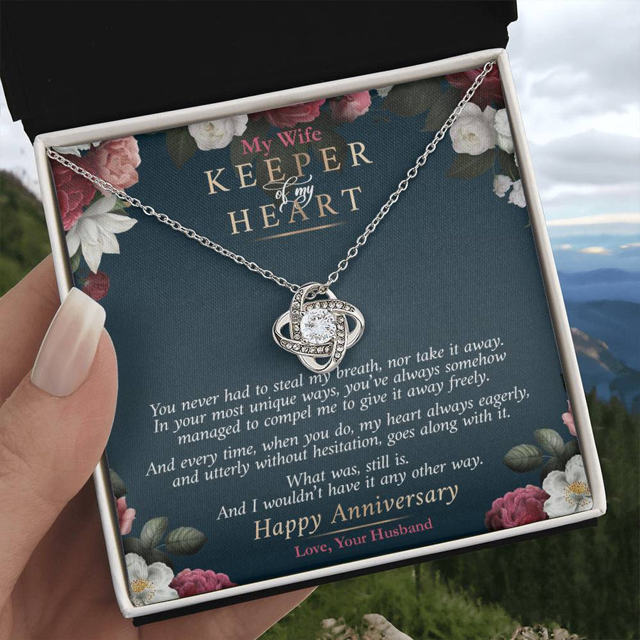 To My Wife Keeper of My Heart Never Steal Breath 14K Gold Love Knot Necklace Jewelry Romantic Gift for Wife Anniversary