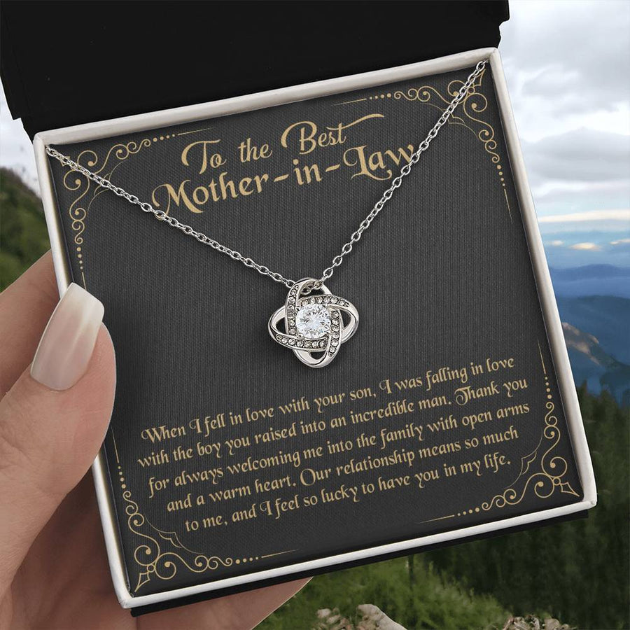 To Best Mother-in-Law Fell Love Raised Incredible Man Welcome Family 14K Gold Love Knot Necklace Jewelry Beautiful Gift for Mom Birthday