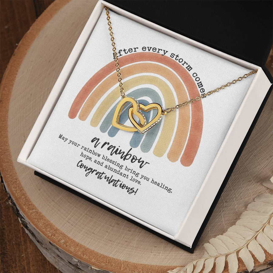After Every Storm Comes A Rainbow 18K Rose Gold Interlocking Hearts Necklace Jewelry – Unique Congratulations Gift for New Parents