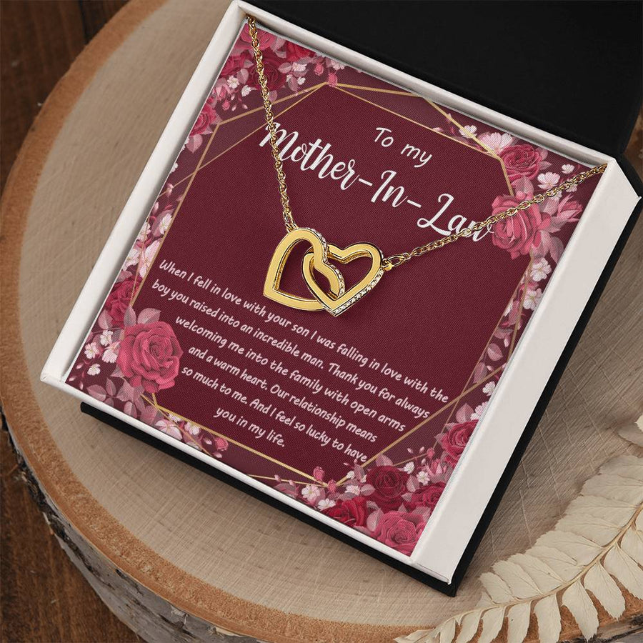 I Feel So Lucky To Have You In My Life 18K Rose Gold Interlocking Hearts Necklace Jewelry Perfect Gift for Mother-In-Law Birthday