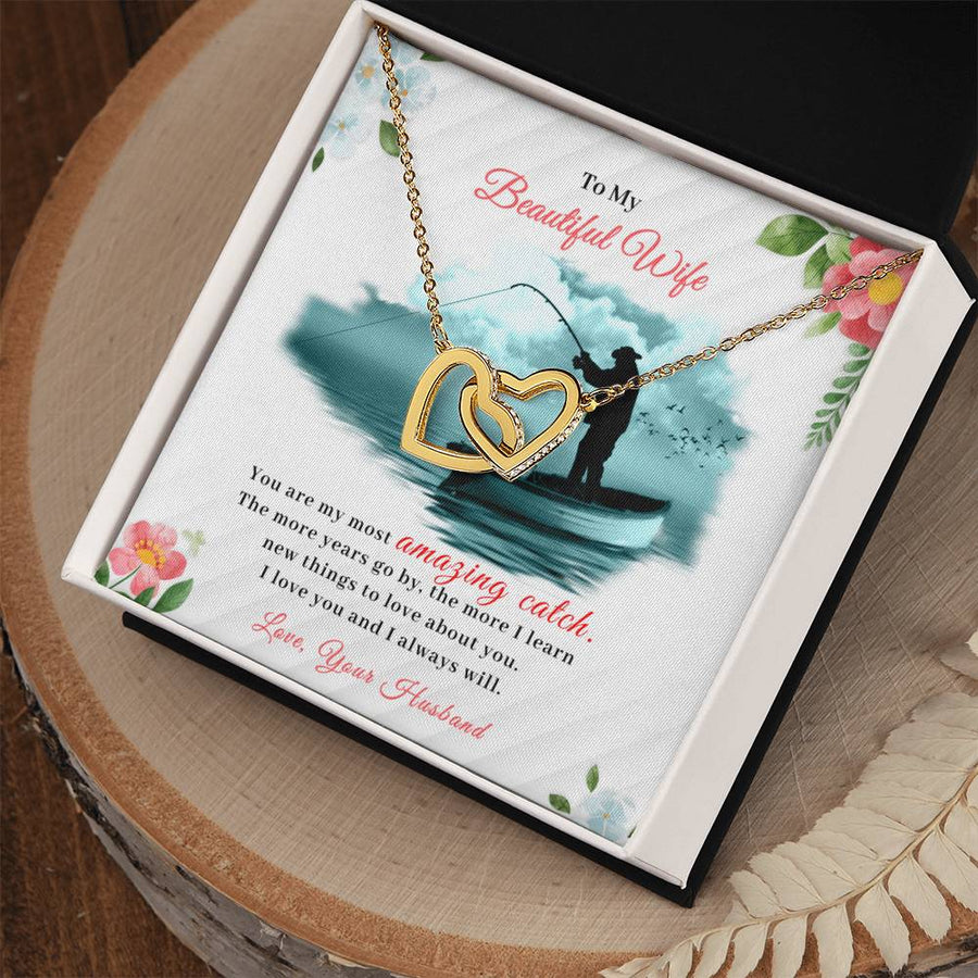 "You Are My Most Amazing Catch 18K Rose Gold Interlocking Hearts Necklace Jewelry Romantic Gift for Fishing Wife Anniversary from Fishing Husband"