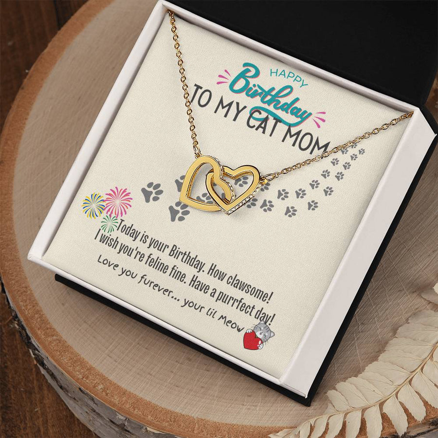 Have a Purrfect Day Love You Furever 18K Rose Gold Interlocking Hearts Necklace Jewelry Special Birthday Gift for Mom Cat Lover