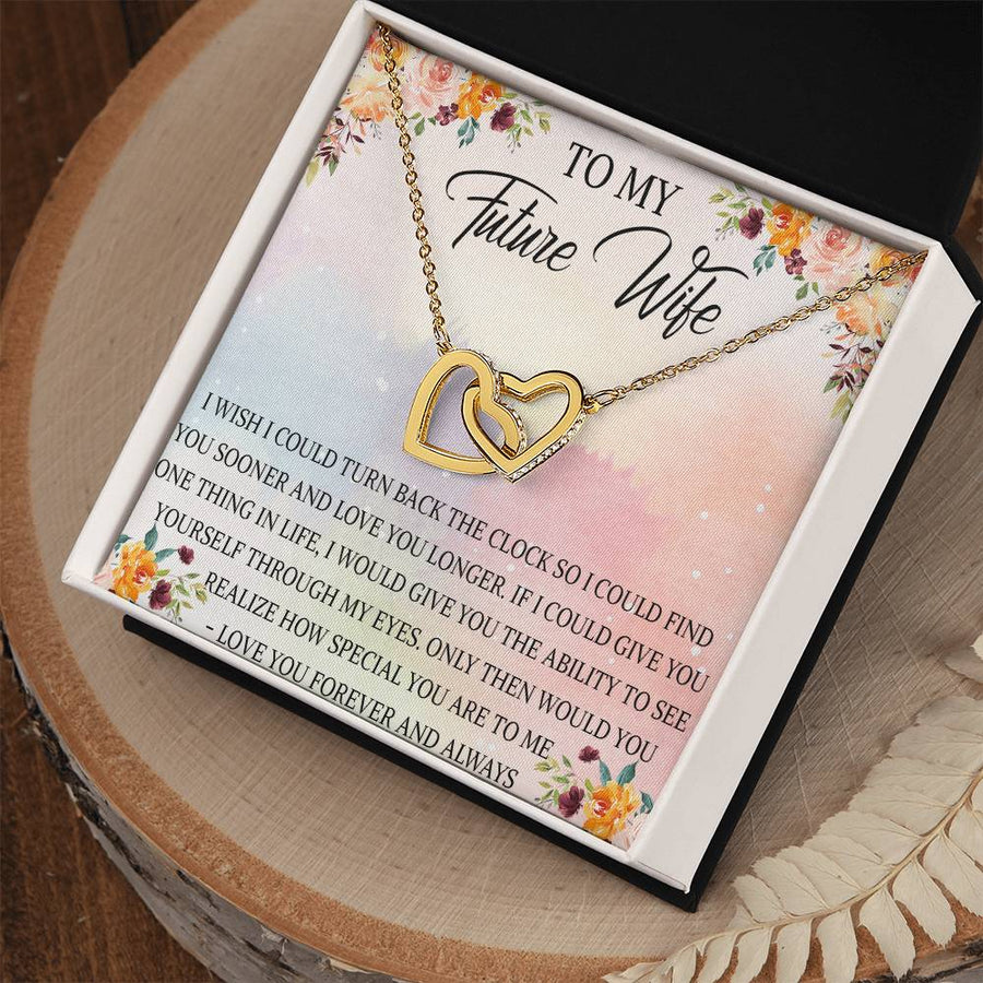 Wish I Could Turn Back the Clock 18K Rose Gold Interlocking Hearts Necklace Jewelry Romantic Gift for Wife Anniversary