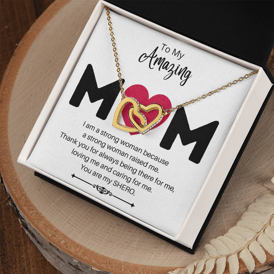 A Strong Woman Raised Me 18K Rose Gold Interlocking Hearts Necklace Jewelry Special Gift for Mom