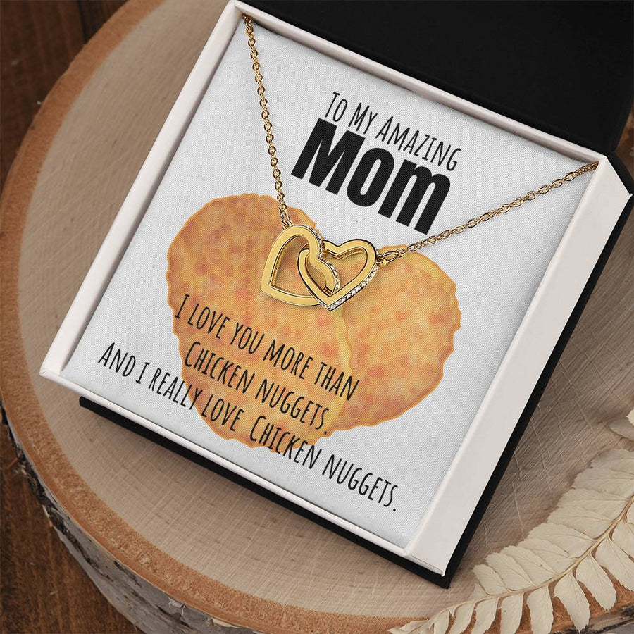 I Love You More Than Chicken Nuggets 18K Rose Gold Interlocking Hearts Necklace Jewelry Funny Birthday Gift for Mom