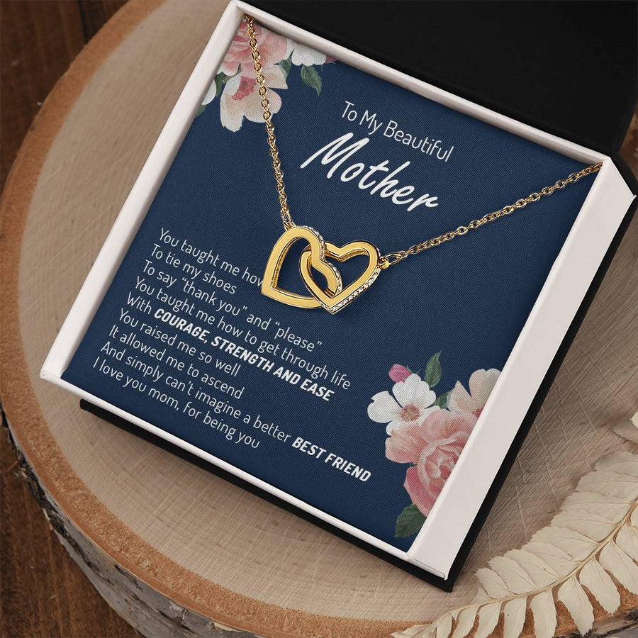 Through Life With Courage Strength And Ease 18K Rose Gold Interlocking Hearts Necklace Jewelry – Beautiful Gift for Mother from Daughter