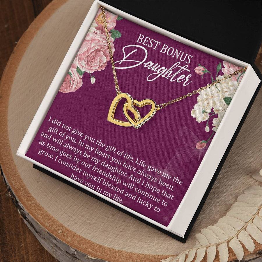 Will Always Be My Daughter 18K Rose Gold Interlocking Hearts Necklace Jewelry Special Gift for Bonus Daughter