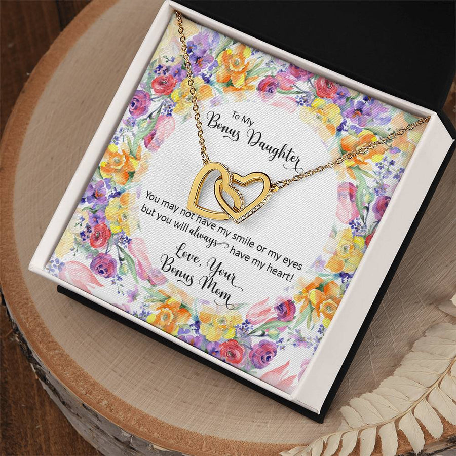 With Love Your Bonus Mom Always In My Heart 18K Rose Gold Interlocking Hearts Necklace Jewelry Perfect Gift for Stepdaughter