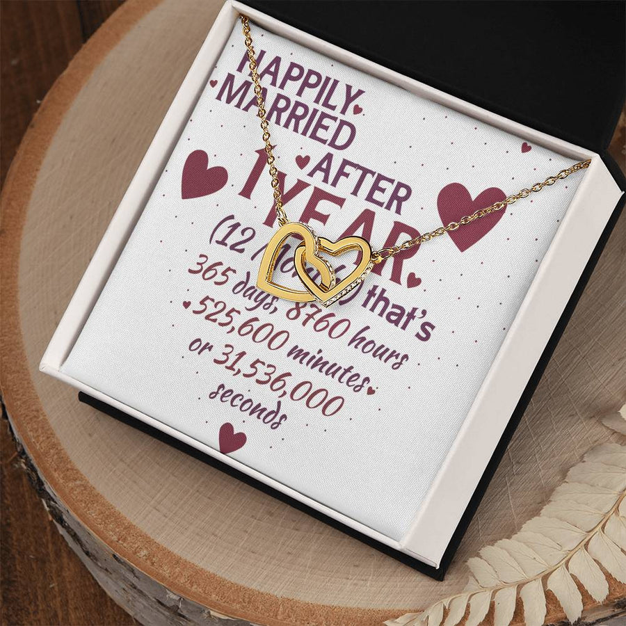 Happily Married After One Year 18K Rose Gold Interlocking Hearts Necklace Jewelry – Romantic Anniversary Gift for Wife