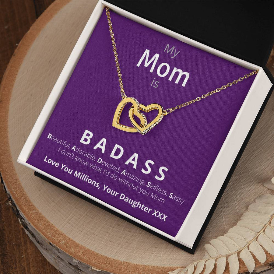 My Mom Is Badass 18K Rose Gold Interlocking Hearts Necklace Jewelry – Beautiful Birthday Gift for Mom from Daughter