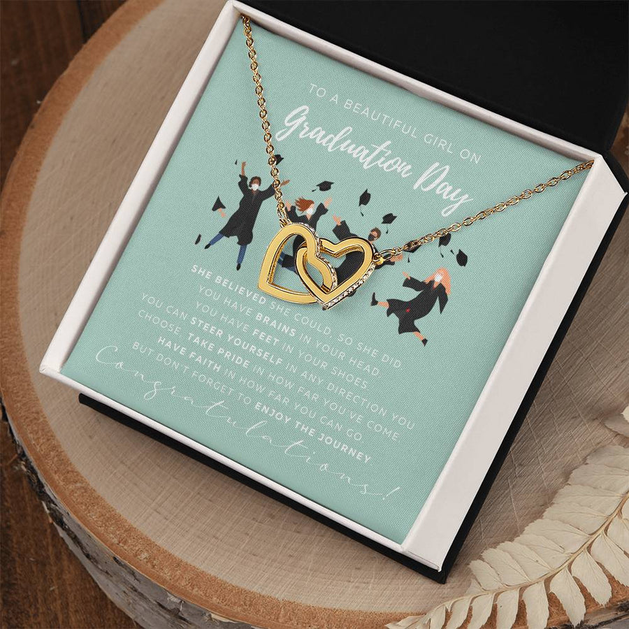 Brains, Feet, Faith—Go Anywhere You Choose Graduation Gift 18K Rose Gold Interlocking Hearts Necklace Jewelry for Daughter