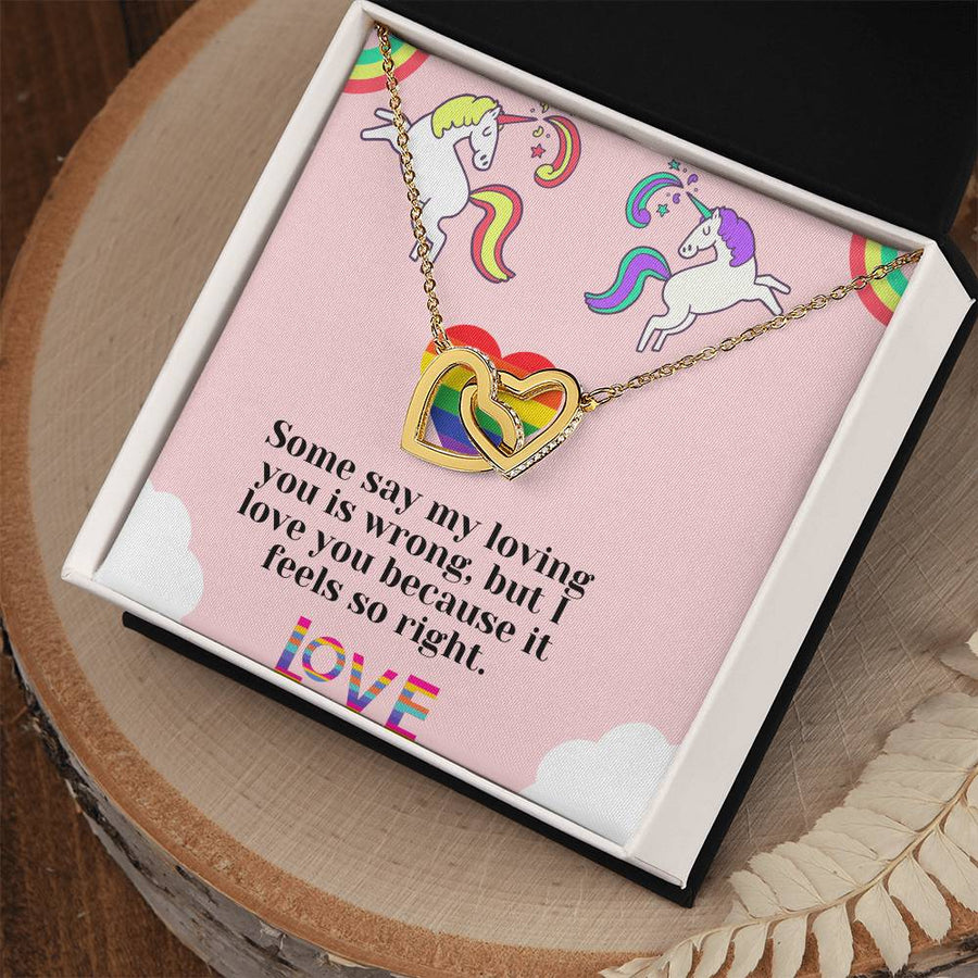 I Love You Because It Feels So Right 18K Rose Gold Interlocking Hearts Necklace Jewelry Unique LGBTQ Pride Gift