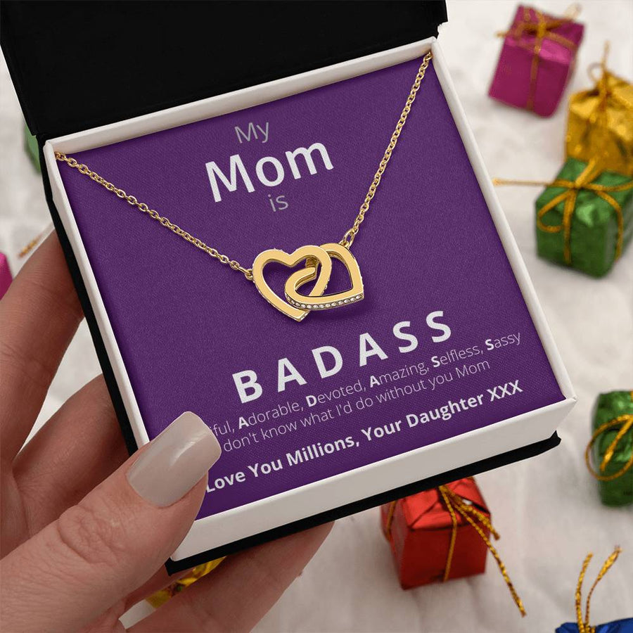 My Mom Is Badass 18K Rose Gold Interlocking Hearts Necklace Jewelry – Beautiful Birthday Gift for Mom from Daughter