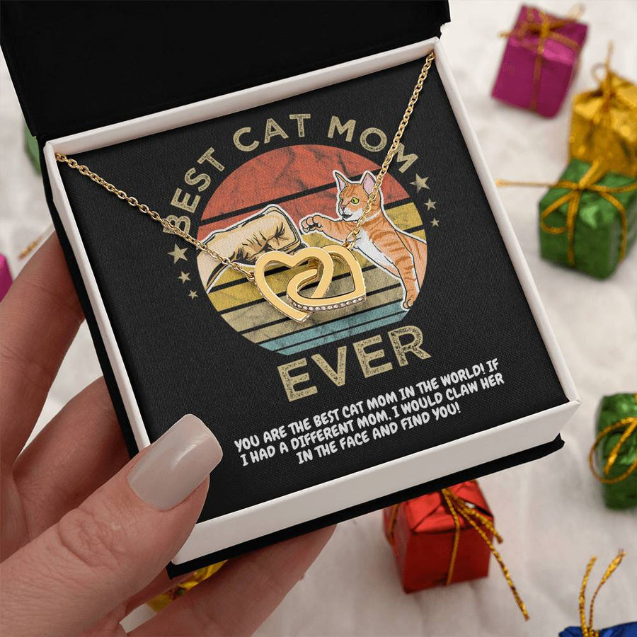 You Are The Best Cat Mom In The World 18K Rose Gold Interlocking Hearts Necklace Jewelry Special Gift for Cat Mom Birthday