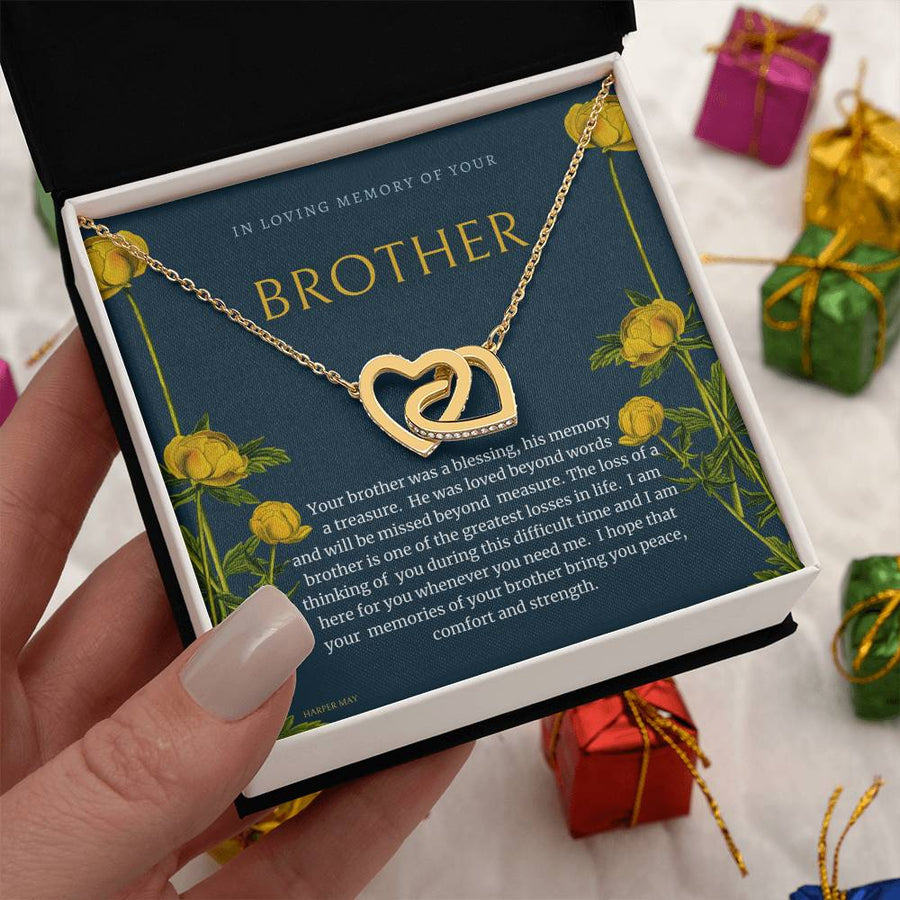 His Memory A Treasure Loved Beyond Words 18K Rose Gold Interlocking Hearts Necklace Jewelry – Sympathy Gift for Loss of Brother from Friend