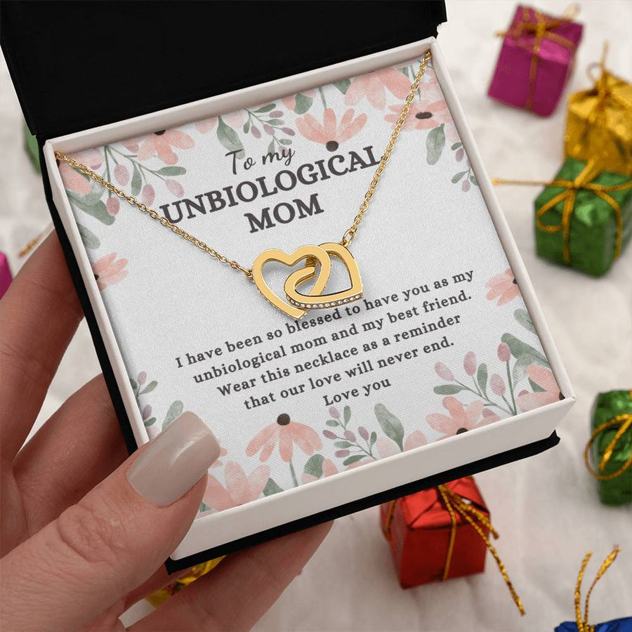 You’re My Mom by Heart Not Biology 18K Rose Gold Interlocking Hearts Necklace Jewelry Emotional Gift for Unbiological Mom Special Occasion