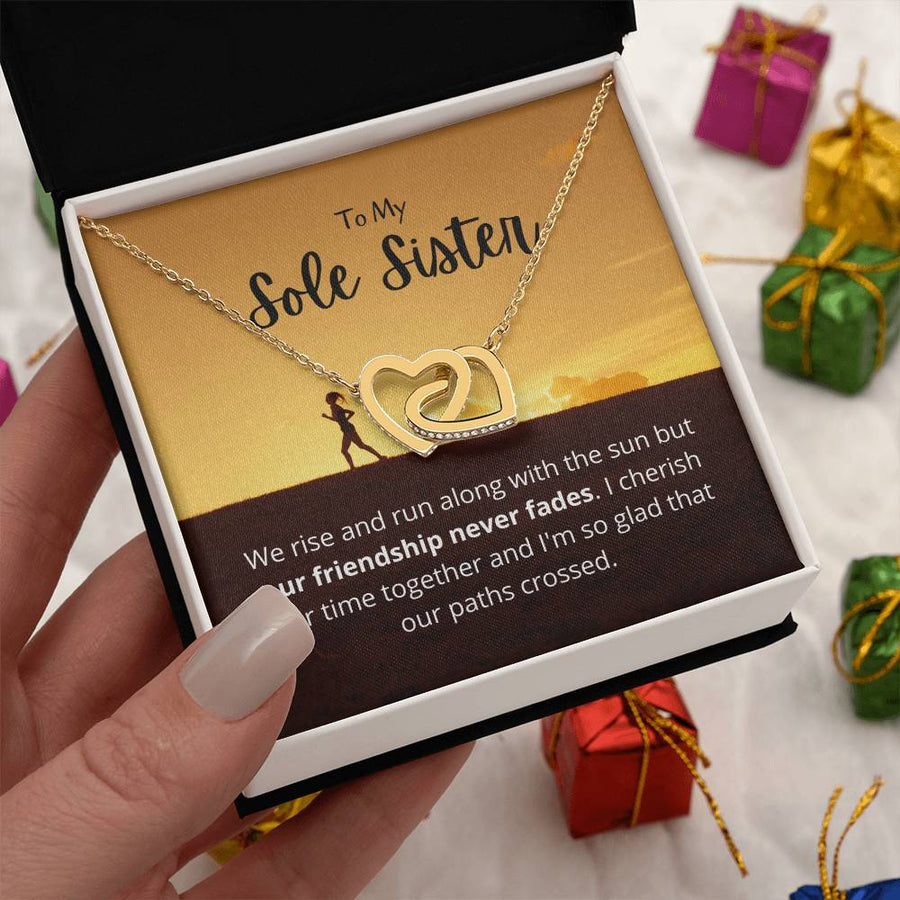 We Rise And Run Along With The Sun 18K Rose Gold Interlocking Hearts Necklace Jewelry Gift for Running Workout Best Friend