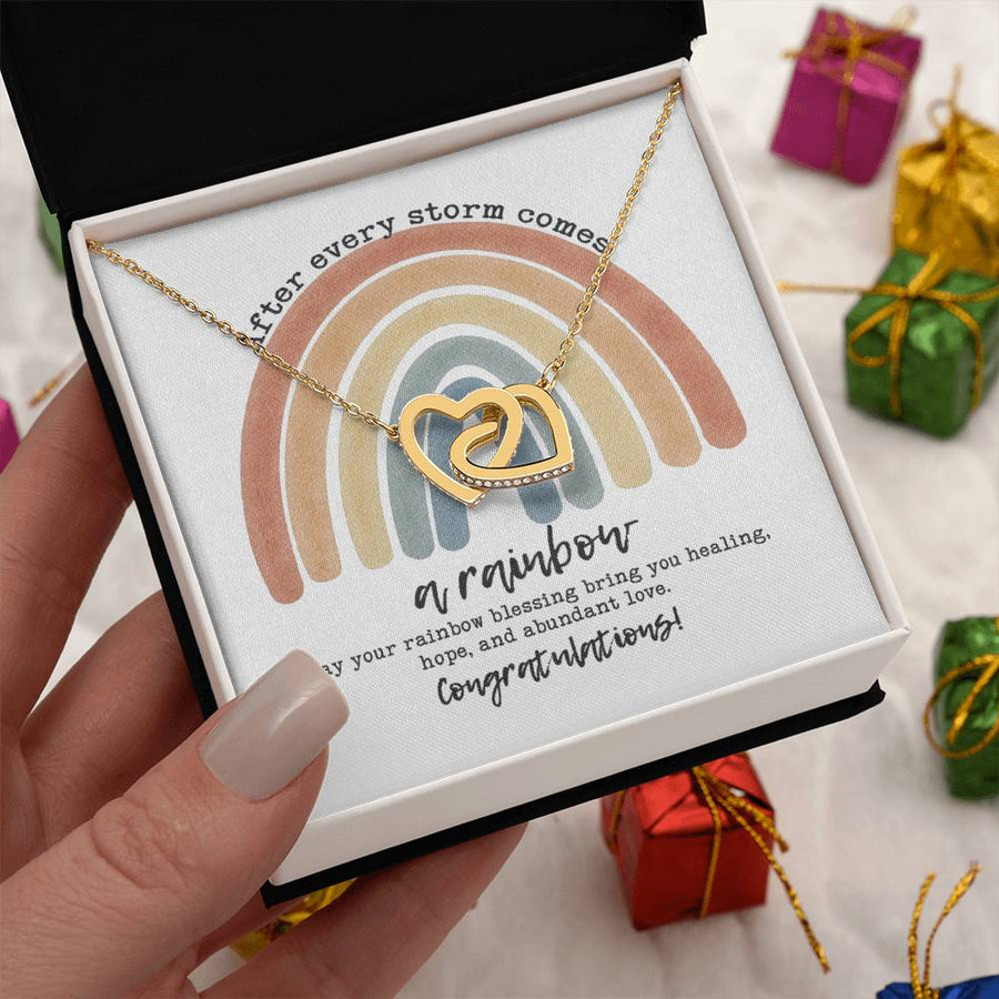 After Every Storm Comes A Rainbow 18K Rose Gold Interlocking Hearts Necklace Jewelry – Unique Congratulations Gift for New Parents