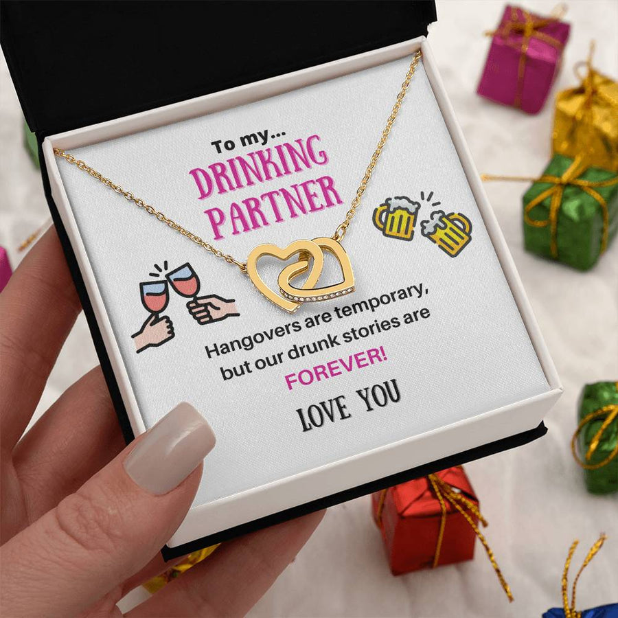 Our Drunk Stories Are Forever 18K Rose Gold Interlocking Hearts Necklace Jewelry – Fun Gift for Drinking Partner