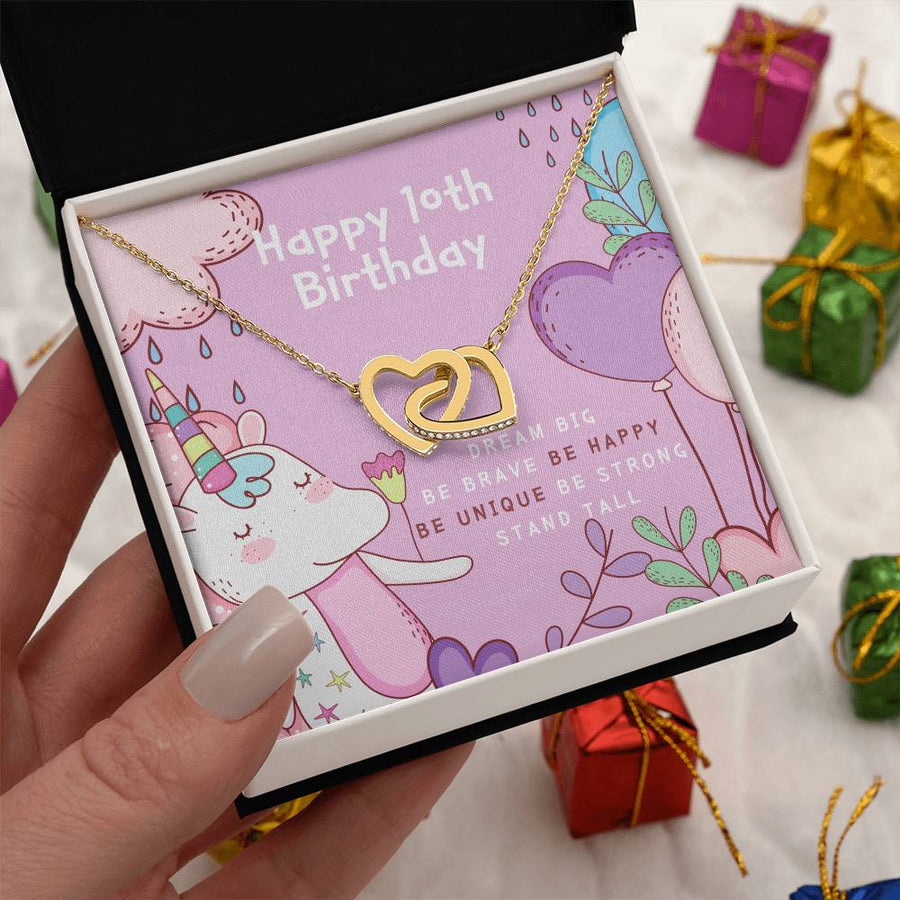 Dream Big Be Brave Be Happy 18K Rose Gold Interlocking Hearts Necklace Jewelry – Beautiful 10th Birthday Gift for Daughter from Mom
