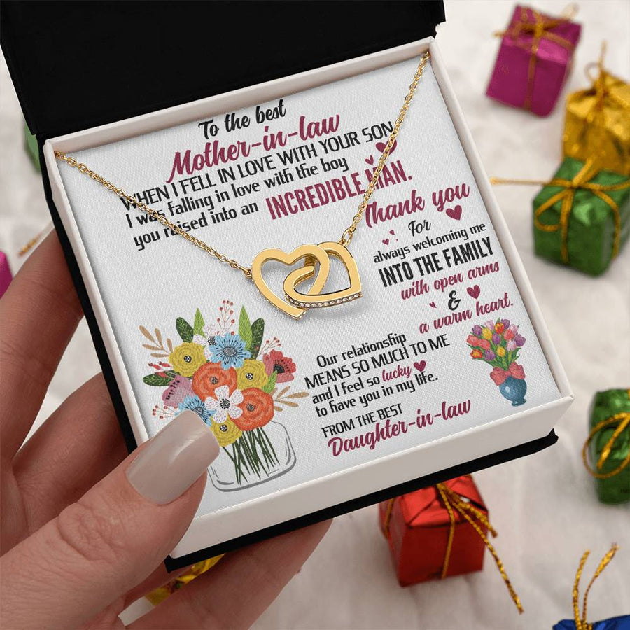 The Family With Open Arms And A Warm Heart 18K Rose Gold Interlocking Hearts Necklace Jewelry Special Gift for Mother-in-law Birthday