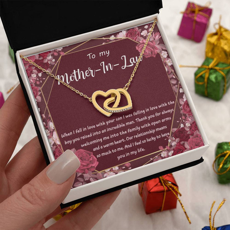 I Feel So Lucky To Have You In My Life 18K Rose Gold Interlocking Hearts Necklace Jewelry Perfect Gift for Mother-In-Law Birthday