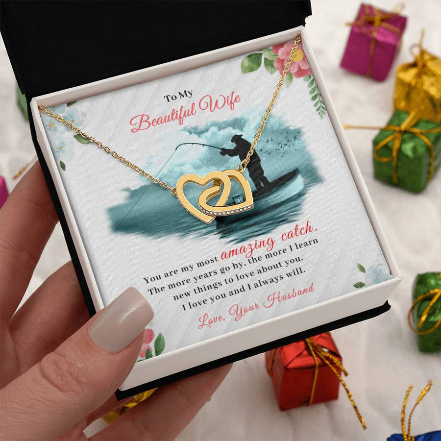 "You Are My Most Amazing Catch 18K Rose Gold Interlocking Hearts Necklace Jewelry Romantic Gift for Fishing Wife Anniversary from Fishing Husband"