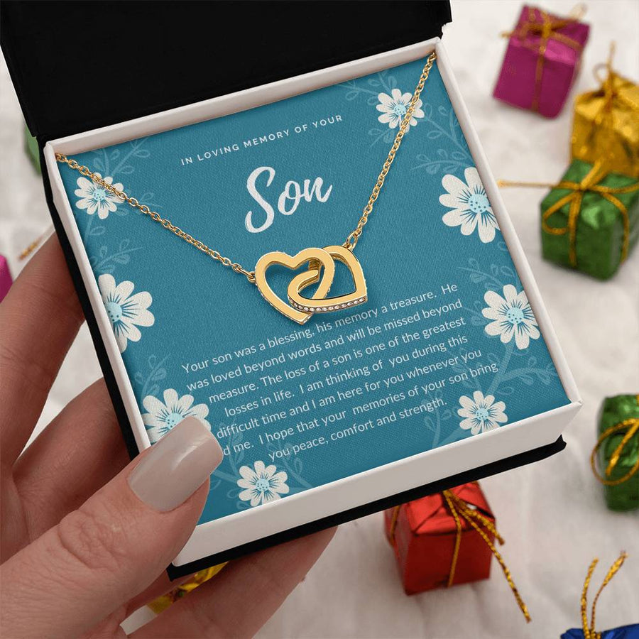 Your Son Was A Blessing His Memory A Treasure 18K Rose Gold Interlocking Hearts Necklace Jewelry – Beautiful Sympathy Gift for Loss of Son from Friend