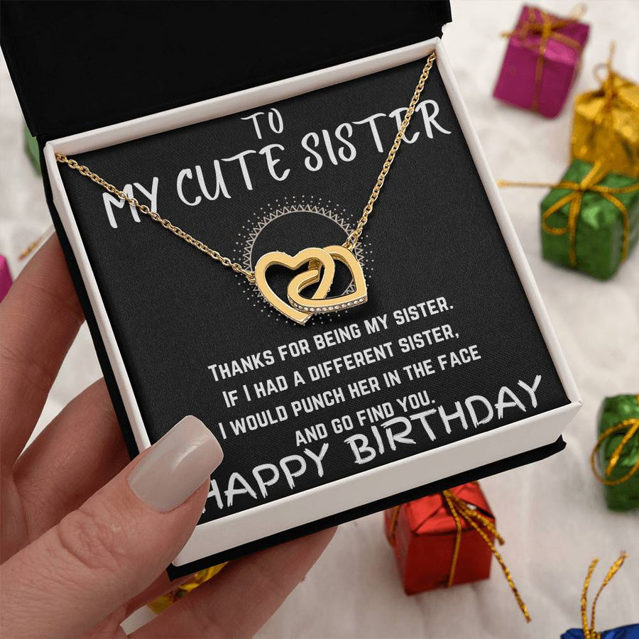 To My Cute Sister Always My Favorite 18K Rose Gold Interlocking Hearts Necklace Jewelry Fun Birthday Gift for Sister