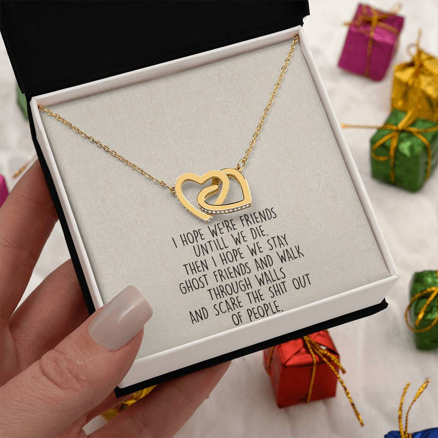 Stay Ghost Friends Walk Through Walls 18K Rose Gold Interlocking Hearts Necklace Jewelry Fun Gift for Best Friend Birthday