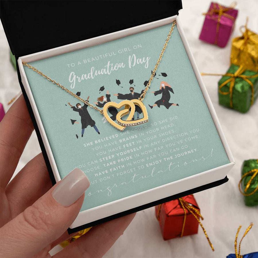 Brains, Feet, Faith—Go Anywhere You Choose Graduation Gift 18K Rose Gold Interlocking Hearts Necklace Jewelry for Daughter