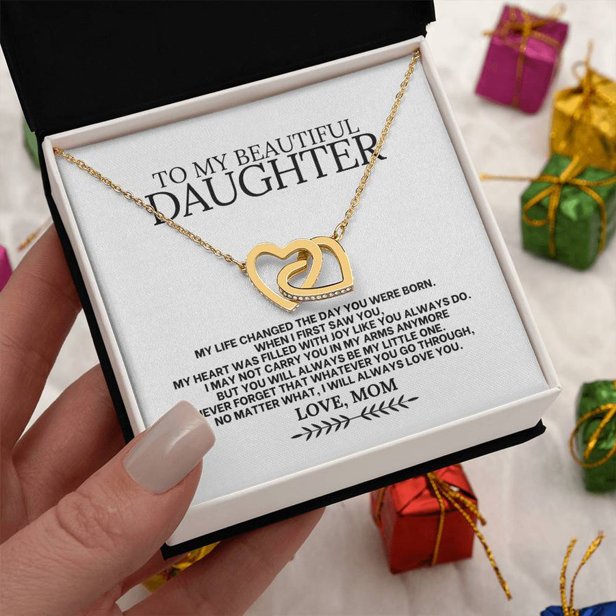 My Life Changed The Day You Were Born 18K Rose Gold Interlocking Hearts Necklace Jewelry – Beautiful Birthday Gift for Daughter from Mom