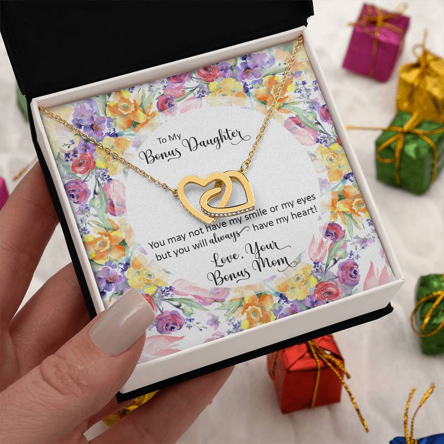 With Love Your Bonus Mom Always In My Heart 18K Rose Gold Interlocking Hearts Necklace Jewelry Perfect Gift for Stepdaughter