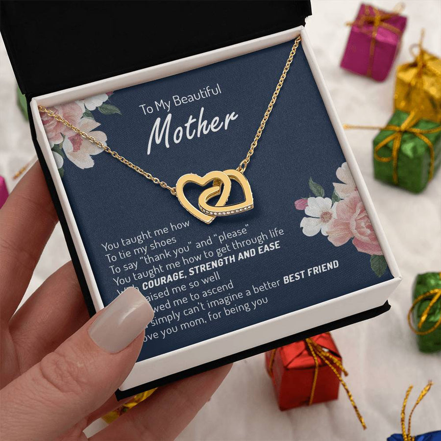 Through Life With Courage Strength And Ease 18K Rose Gold Interlocking Hearts Necklace Jewelry – Beautiful Gift for Mother from Daughter