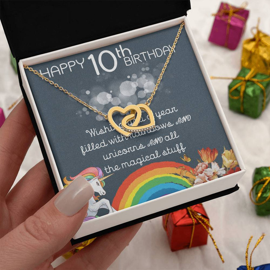 Wishing You A Year Filled With Rainbows And Unicorns 18K Rose Gold Interlocking Hearts Necklace Jewelry – Magical 10th Birthday Gift for Daughter from Mom
