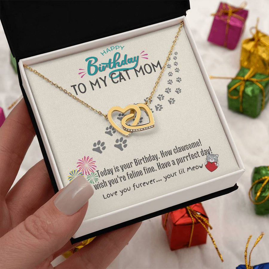 Have a Purrfect Day Love You Furever 18K Rose Gold Interlocking Hearts Necklace Jewelry Special Birthday Gift for Mom Cat Lover