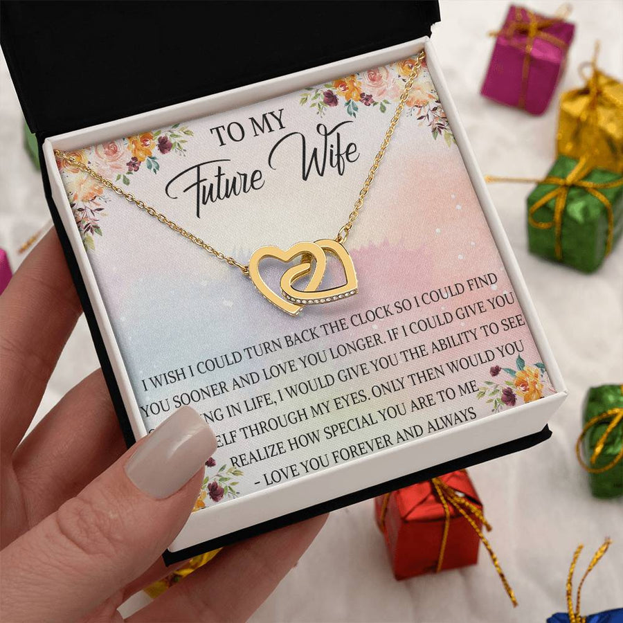 Wish I Could Turn Back the Clock 18K Rose Gold Interlocking Hearts Necklace Jewelry Romantic Gift for Wife Anniversary