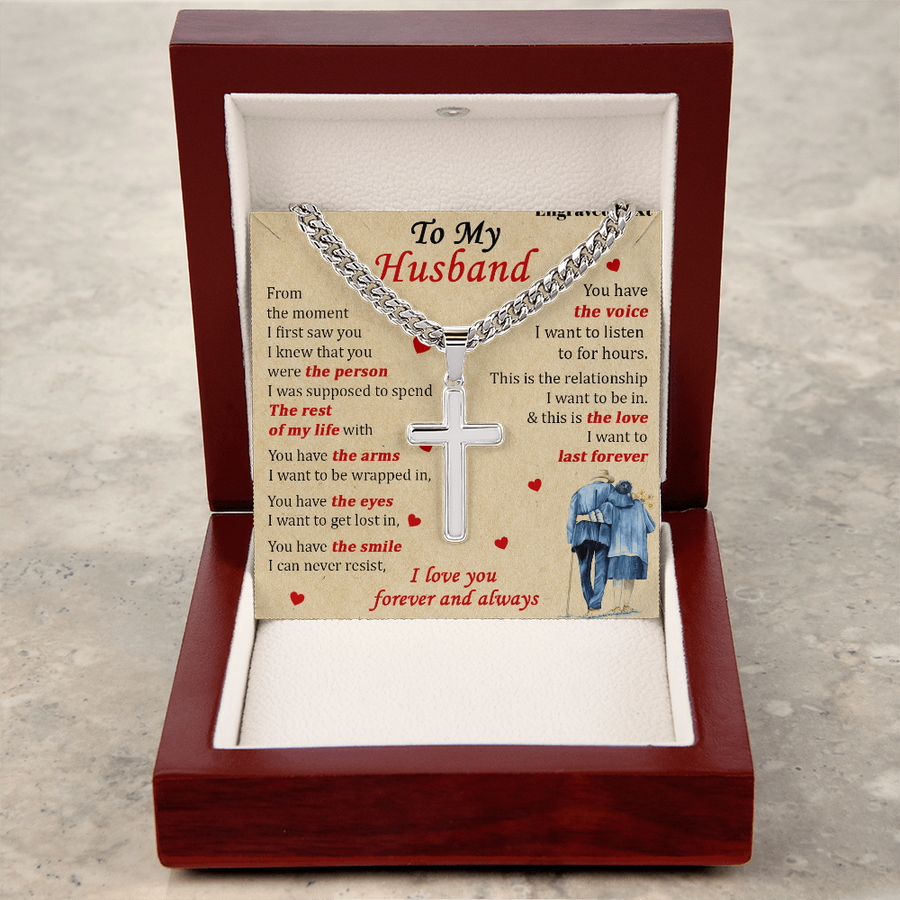 To My Husband The Person Rest of My Life Love Forever Always Link Chain Artisan Cross Necklace Jewelry Romantic Gift for Husband Anniversary