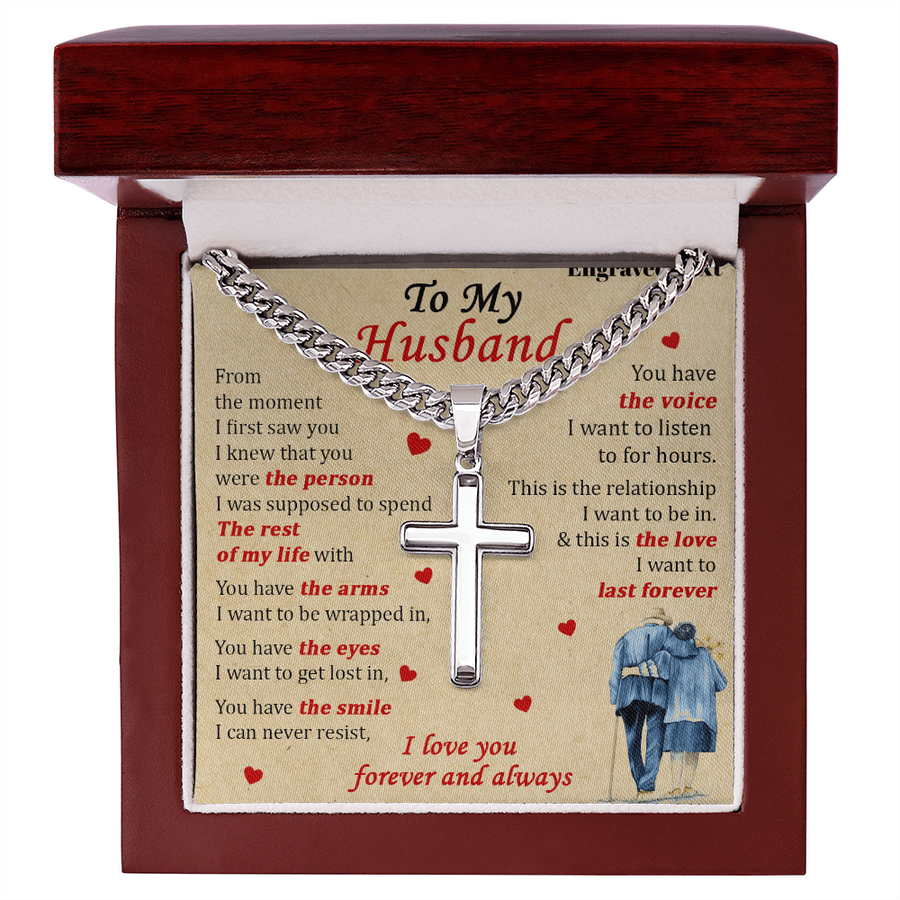 To My Husband The Person Rest of My Life Love Forever Always Link Chain Artisan Cross Necklace Jewelry Romantic Gift for Husband Anniversary