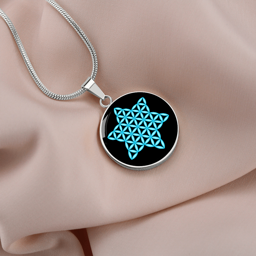 Luxury Circle Necklace with The 'Star of Life', 3D-Neon Blue/Black.