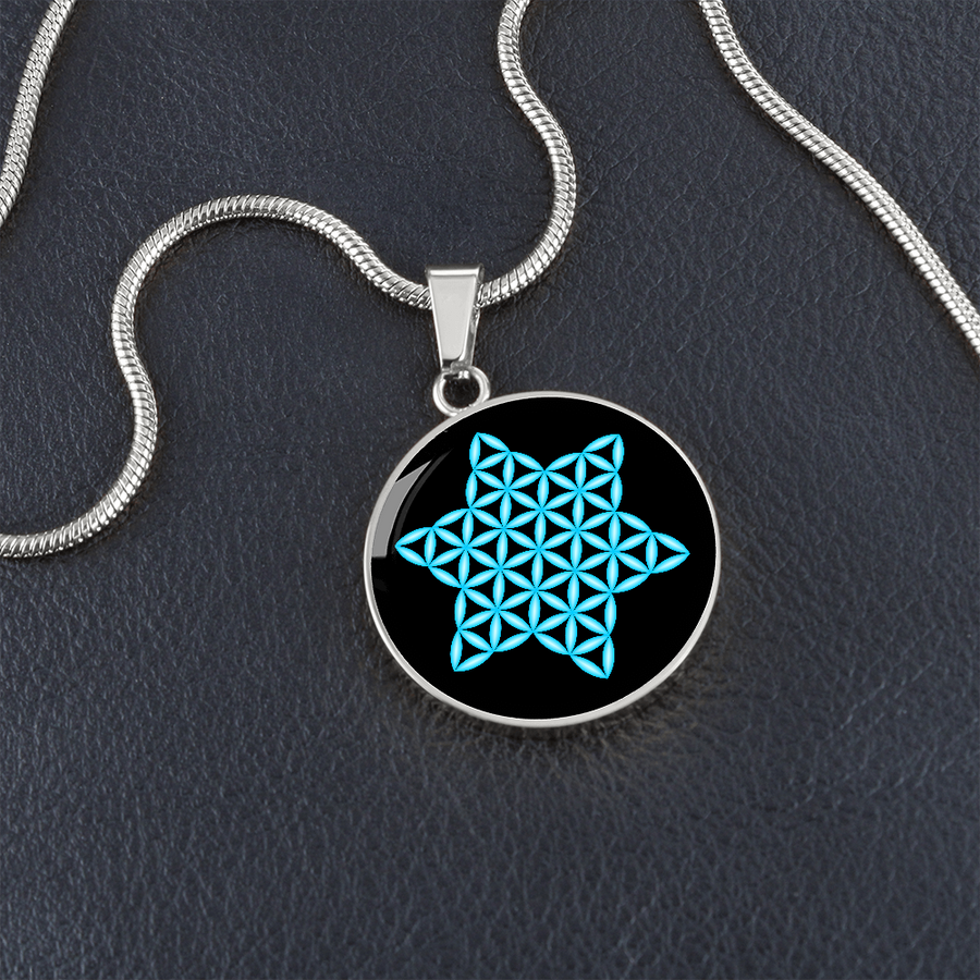 Luxury Circle Necklace with The 'Star of Life', 3D-Neon Blue/Black.