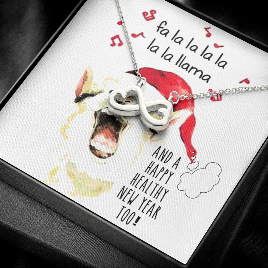 Adorable Fa La La La Singing Llama in A Santa Hat Infinity Gift Necklace and Christmas and New Years Card Set