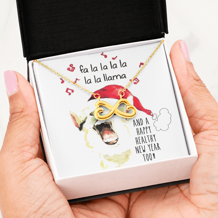 Adorable Fa La La La Singing Llama in A Santa Hat Infinity Gift Necklace and Christmas and New Years Card Set