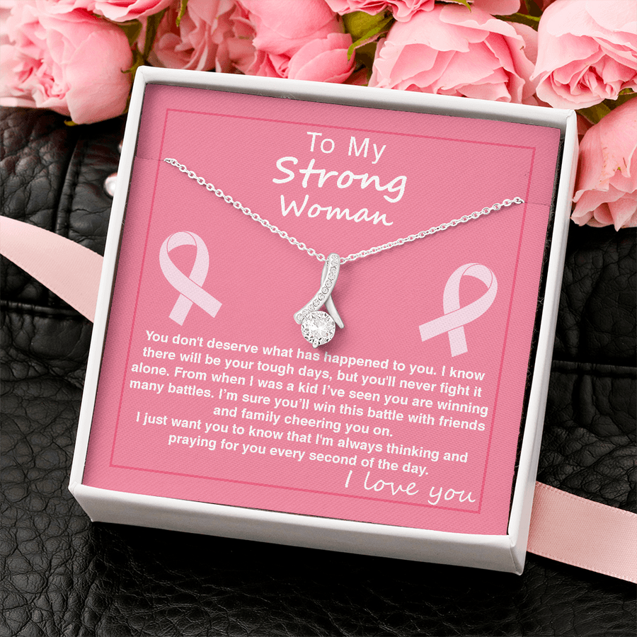 Ribbon Pendant Necklace With Strong Woman Will Win This Battle Message Card(Gift For Mother)