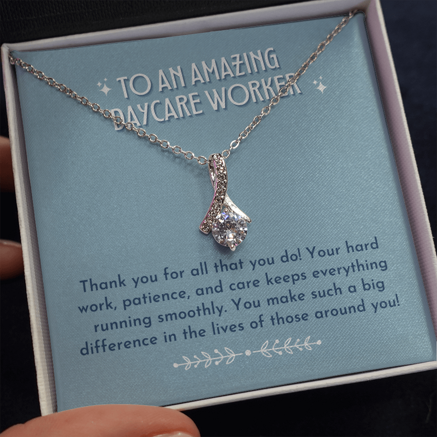 Daycare Worker Ribbon Drop Necklace | Dusty Blue