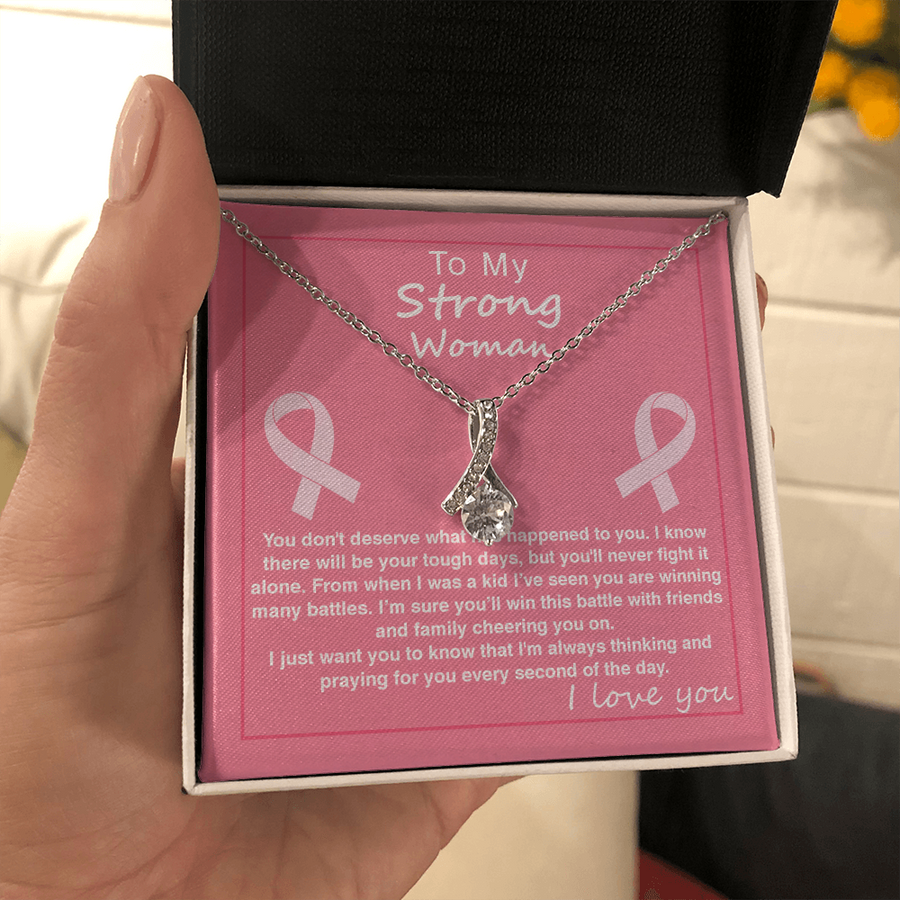 Ribbon Pendant Necklace With Strong Woman Will Win This Battle Message Card(Gift For Mother)