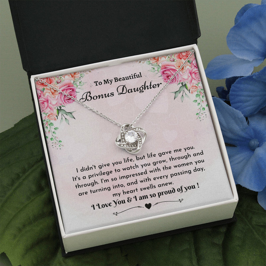 Bonus Daughter Necklace - Love Knot with Card, Step Daughter Gift, Adoptive Daughter Gift Necklace, Bonus Daughter Jewelry Gifts